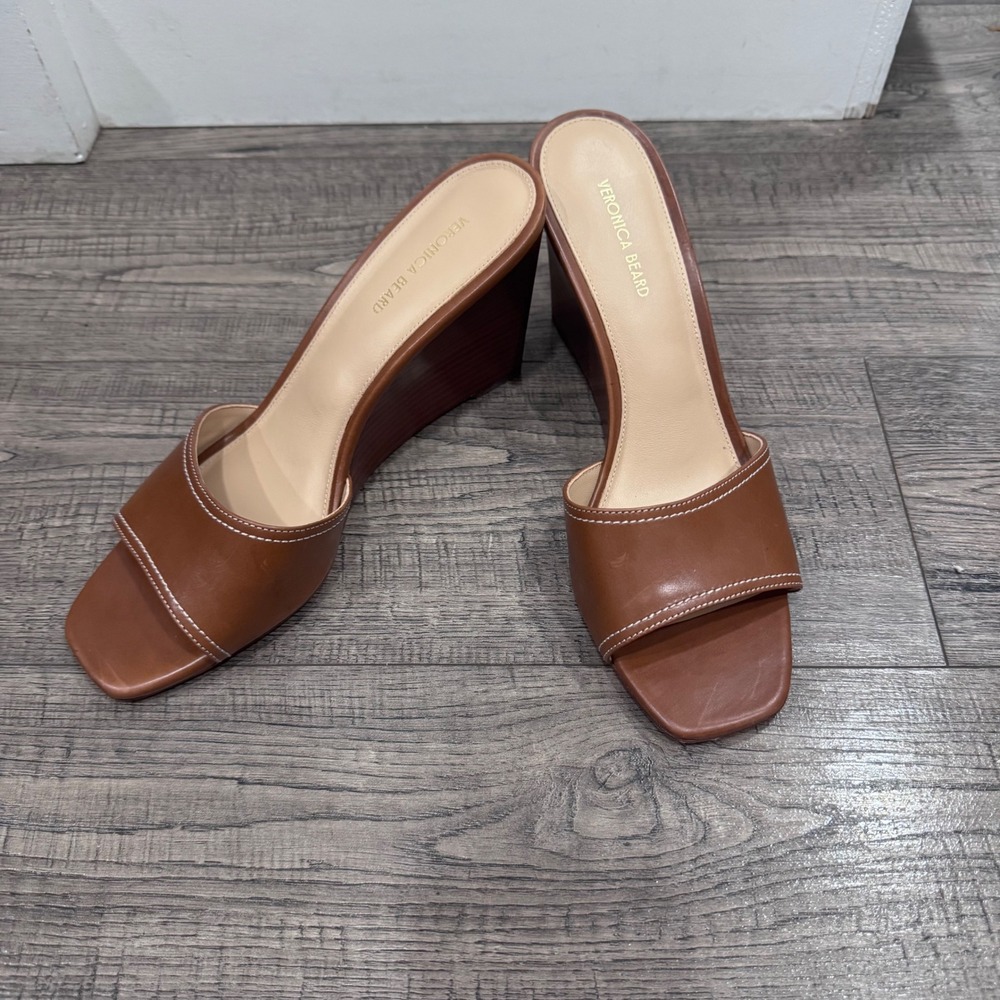 Veronica Beard Womens Cognac Leather Wood Wedge Square Toe Slide Sandals 8.5M